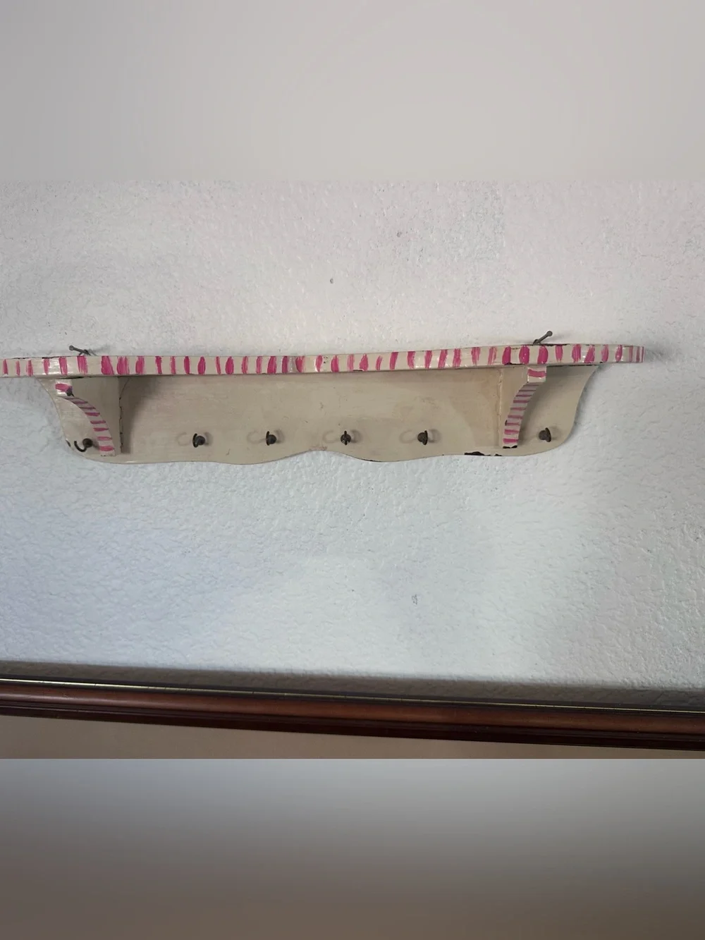 VTG Cream and Pink Chippy Striped Wall Shelf w/Small Hooks. 15